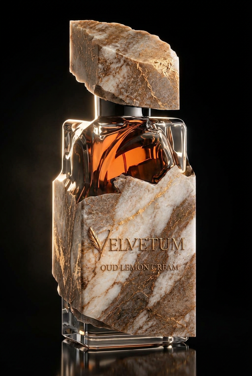 Velvetum Oud Lemon Cream — 3D flacon render